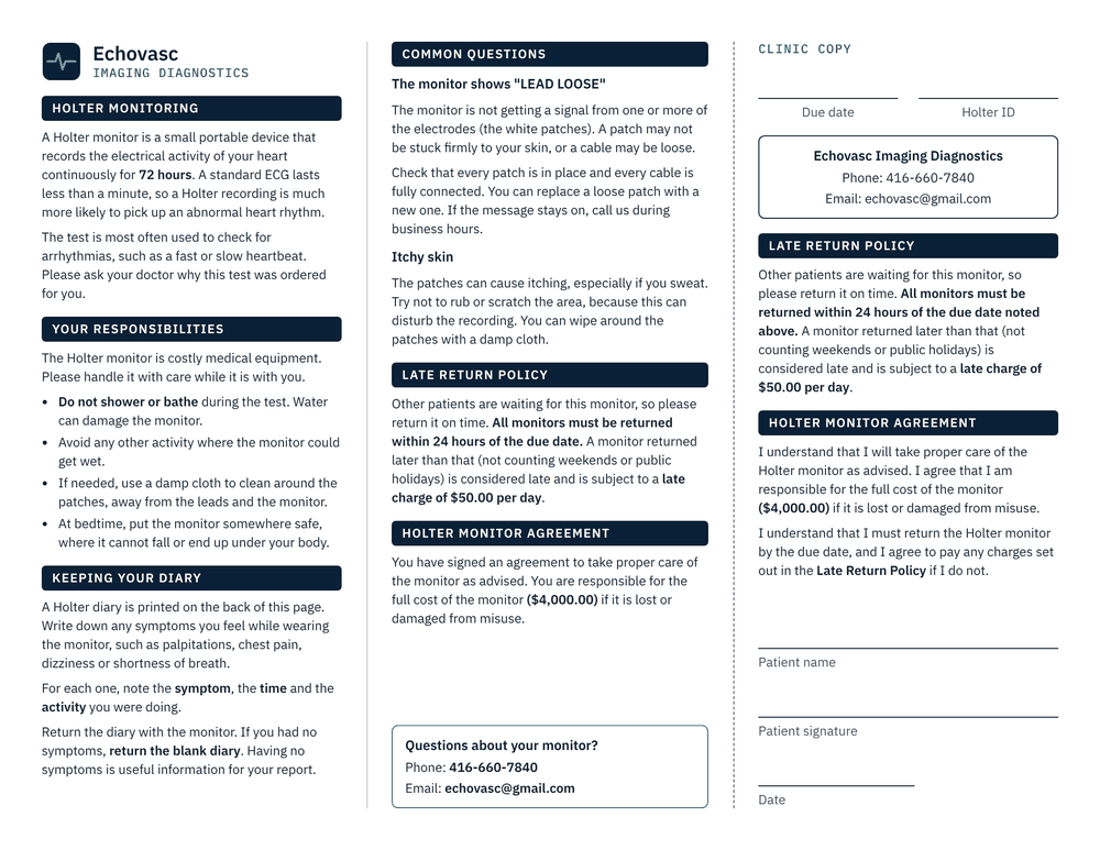 Front of the Echovasc Holter monitor patient form, with the patient guide, late return policy and agreement
