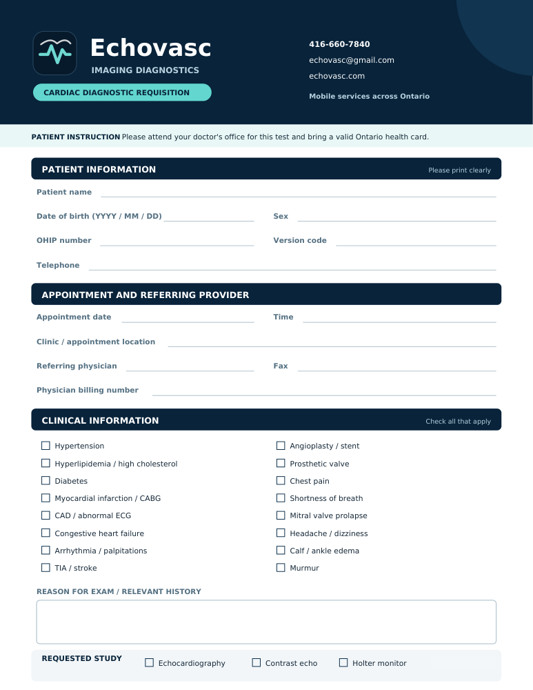 Blank Echovasc requisition with patient information, referring provider, clinical history and requested study fields
